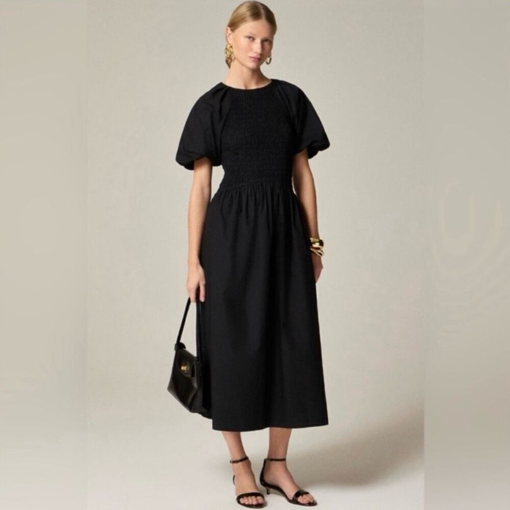 J. Crew Black Midi Dress with Puff Sleeves